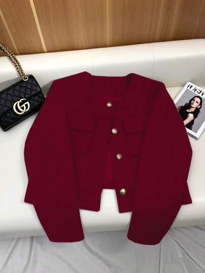 Women's Elegant Casual Dragon & Phoenix Jacket, Round Neck Decorative Long Sleeve Solid Color Coat, Minimalist & Fashionable For Autumn/Winter