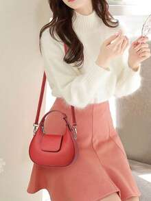 One Red Autumn/Winter New Style Fashionable Women's Simple Shoulder Bag, Zipper Closure, Solid Color PU Crescent Bag For Women's Shoulder And Handbag.