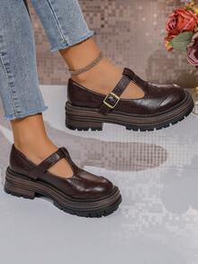Women's Mary Jane Platform Shoes, Brown, Preppy Style, Suitable For Office Formal Wear, Serrated Edges, Embossed Design, Everyday Wear, And All Seasons. - 棕色 - 查看 5