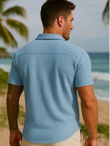 Men's Casual Textured Knit Shirt With Buttons - Stylish And Comfortable Casual Shirt - 淺藍色 - 查看 2