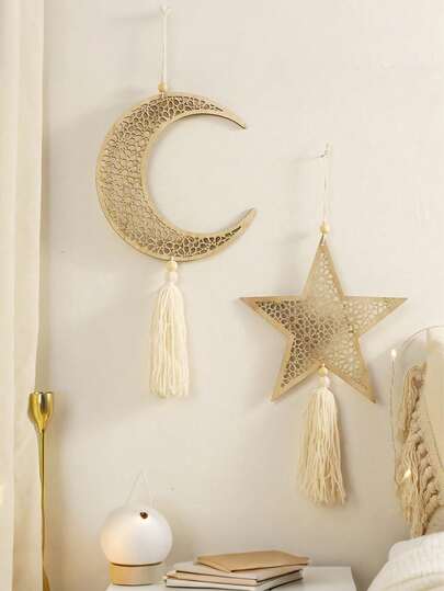 1/2件装波西米亚风木质月亮星星镂空吊坠，流苏壁挂，波西米亚家居装饰，卧室装饰，墙面装饰，手工礼品，送给女性和女孩