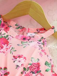 Charming Girls' Summer Elegant Floral Print Sleeveless Halter Neck Backless Asymmetric Hem Casual Dress - Red - View 3