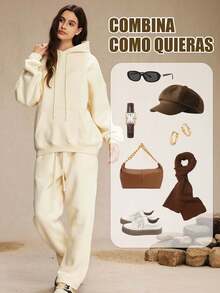 Sudadera con capucha de manga larga con cordón y estampado de letras y dibujos animados para mujer, para otoño/invierno, tops de manga larga - Caqui - Ver 8