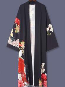 Kimono de manga 3/4 de longitud media con estampado floral, chaqueta fina y elegante de uso casual para mujer, adecuado para la calle, la playa, los viajes, las vacaciones, bata ligera, incluye faja Primavera Negro - Negro - Ver 10