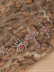 5pcs/Set Y2K Retro Punk Rock Style Necklace Set, Rhinestone Decor Spider Web, Black Cross, Star, Mirror, Cross Pendant, Suitable For Men, Bohemian Style, Valentine's Day, Christmas Gift - Five-piece Necklace Set - View 4