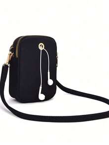 1pc Fashion Elegant Minimalist A-Z Letter & Floral Pattern Nylon Zipper Closure Mini Crossbody Bag. Vertical Design With Coin Purse And Phone Pocket. Suitable For Daily Use Or Student Gift - Black - View 6