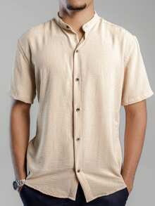 Men's Short Sleeve Shirt With Priest Collar, Linen Look - Assorted Colors - Comfortable - 米色 - 查看 5