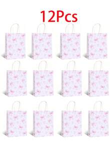 12个粉色蝴蝶结纸质礼品袋，适用于女士生日、圣诞派对回礼、糖果袋（带提手）、婚礼装饰、派对用品、万圣节糖果袋、感恩节回礼袋、秋季装饰、圣诞礼物袋、圣诞包装纸、圣诞礼品袋、派对袋、单身派对袋 - 彩色 - 查看 8