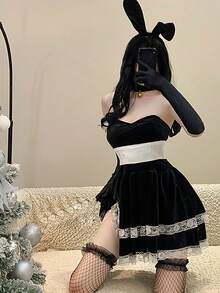 Bộ đồ hầu gái gợi cảm, trang phục cô gái thỏ Giáng sinh để hóa trang bao gồm băng đô, vòng cổ, váy và găng tay. - màu đen - Xem 2