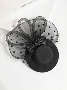 1顶黑色小帽子，配有网纱波点玫瑰花发夹，法式宴会装饰，头饰，迷你帽子，德比帽，迷你礼帽，迷你小圆帽 - xy6202 - 查看 2