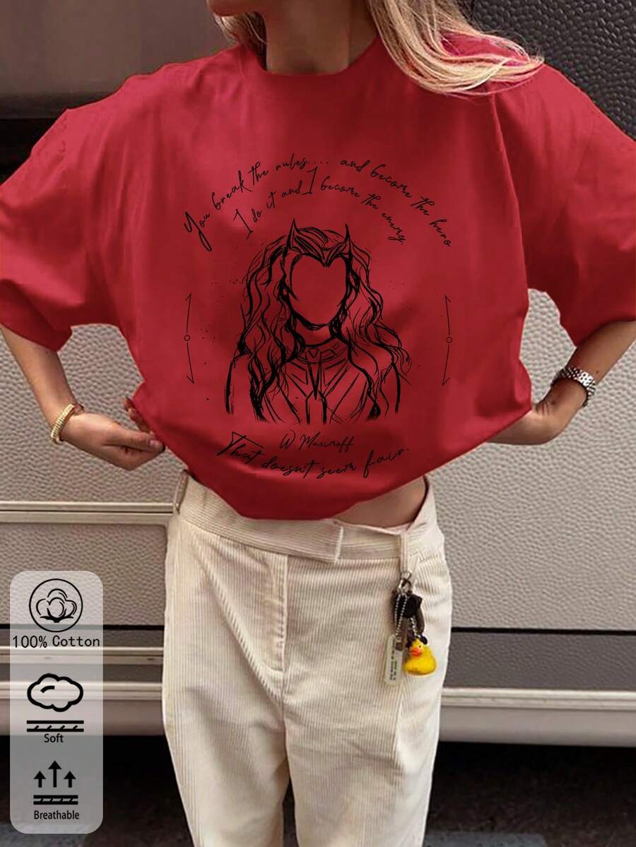 春夏女士新品：春夏 T 卹、春夏女士服裝、印花 T 卹、印花上衣、棉質上衣、高品質 T 卹、復古風、學院風、可愛風、都市風、Z 世代風格、千禧一代風格、Y2K 風格、朋克風、做舊風、極簡風、簡約風、休閒風、日常印花風、度假風格、有趣風格 - 紅色5 - 查看 1