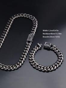 2pcs Black Cuban Link Chain Necklace And Bracelet Set, Men's Chain Necklace Hip Hop Jewelry Set, Fashion Rapper Jewelry, Perfect Gift For Boyfriend, Son And Dad - C - View 21