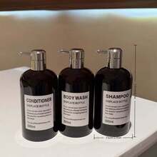 3pcs 500ml/16oz Black Plastic Refillable Bottles With Silver Pump Heads, For Shampoo, Body Wash, Conditioner, Hotel Bathroom Lotion Dispenser, With Waterproof Label Stickers - Black - View 2