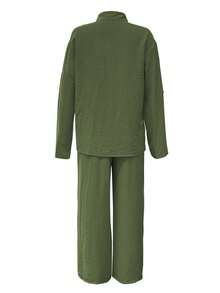 Plus Size Casual Polo Collar Cardigan, Solid Color Elegant Blouse Top, Paired With Soft Elastic Waist Loose Pants, Two Pieces Set, Suitable For Holiday, Commute, Spring/Summer/Autumn