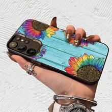 Flores de girasol multicolor Impresión UV para iPhone 11/12/13/14/15/16 Plus/17 Pro Max (Regalos de Navidad seleccionados, regalos por el Día Nacional, regalos por el Día de la Independencia, regalos de San Valentín, regalos de cumpleaños, sorpresa - Negro transparente - Ver 3