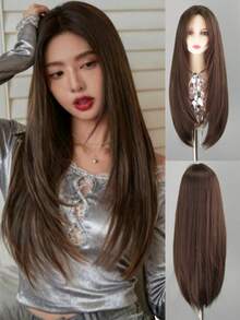36英寸女士超长棕色直发假发，耐热合成假发 - 柔软自然长假发，适合角色扮演，酷炫棕色假发 - 棕色 - 查看 14