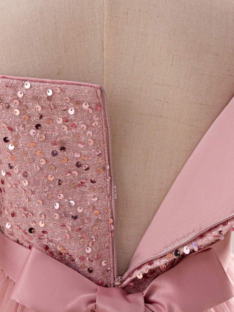 Tween-Mädchen 3D-Paillettenkleid mit Blumenmuster aus Mesh für Geburtstagsfeiern, geeignet für Abschlussball, Feierlichkeiten und Familienfeste (ohne Haarband). - Altrosa - Übersicht 9