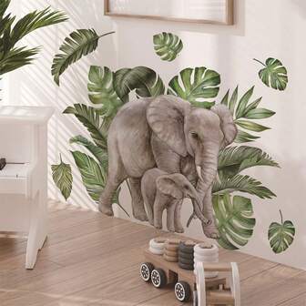2pcs/Set Plastic Removable Sticker, Modern Art, Elephant Leads Baby Elephant Through Large Green Leaves, Removable Waterproof, For Bedroom Living Room Decor, Home Decor, Room Decor, Sticker Packs