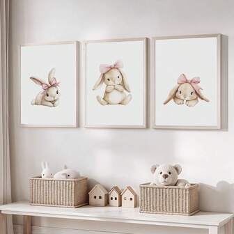 Girls Bunny Prints Set Of 3, Girl Woodland Bunny Decor, Bow Bunny Girl Wall Art, Easter Decor Poster, Spring Artwork Print, Home Decor Living Room, Wall Decor, No Frame