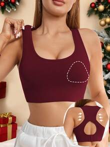 EMUPER 1pc Seamless Sports Racerback Bra, Hollow Backside Outerwear Elastic Solid Color Women Lingerie - Red - View 4