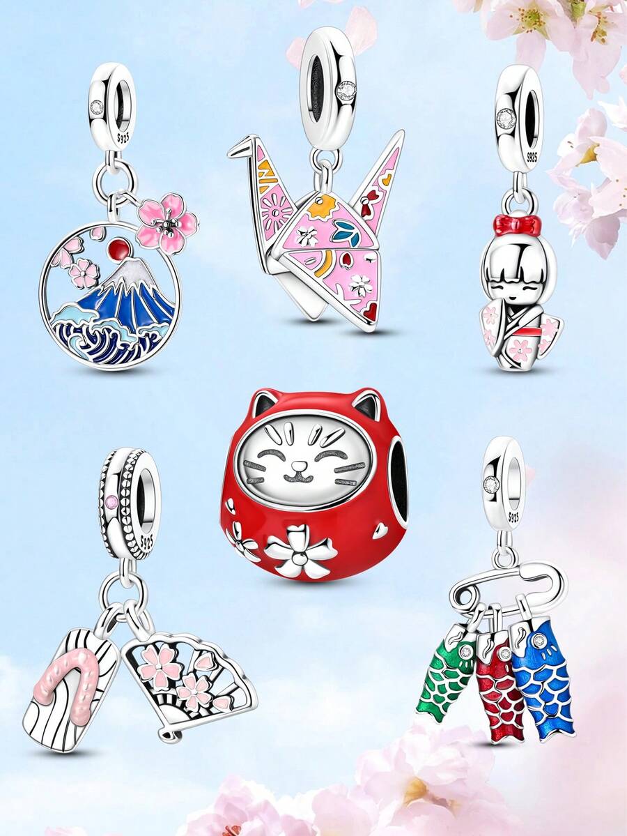 银质串珠饰品,融合日式元素——樱花、折纸鹤、招财猫、和服娃娃,可定制DIY手链配件 - 彩色 - 查看 1