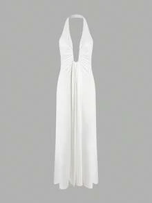 Women's Casual And Elegant Daily Versatile Solid Color Hollow Out Waist-Defining Sexy Pleated Flowy Strap White Sleeveless Halter Neck Long Dress, Spring Summer,Summer Dresses For Women,White Dress,Casual Long Dresses,Holiday Clothes,Elegant Dresses For Ladies,Party Dresses For Women,Beach Dresses,Summer Outfits - White - View 9