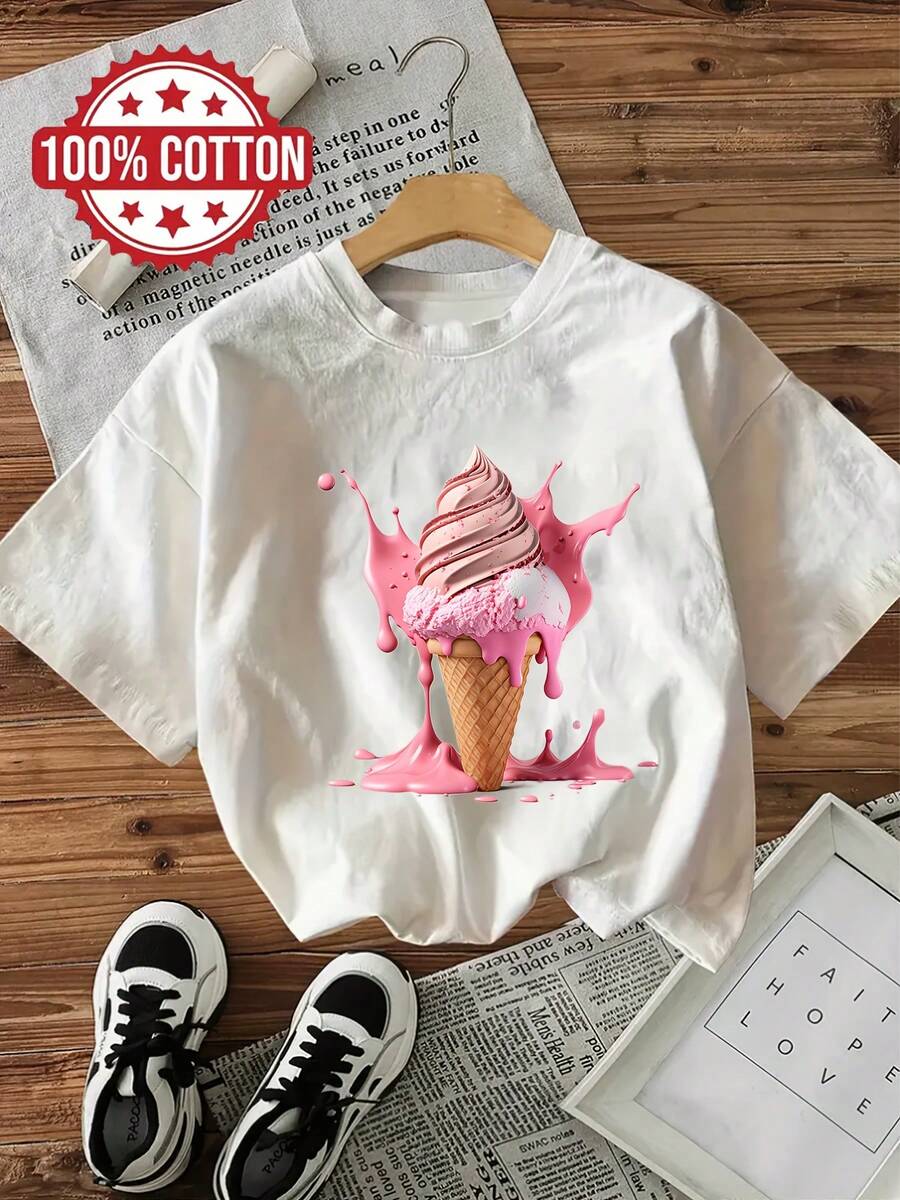 Round Neck Printed Short Sleeve T-Shirt, Ice Cream Printed Cotton T-Shirt - White - View 1
