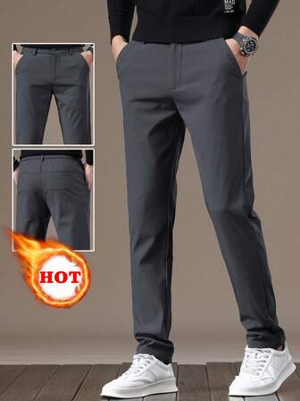 Herrbyxor med enfärgade fickor, raka, lösa vardagsbyxor, termofodrade, varma för höst/vinter