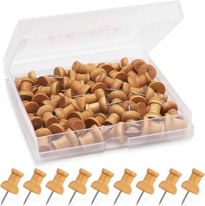 50 PCS Wooden Push Pins, Natural Cork Board Pins For Noticeboards, Wooden Drawing Pins For Maps & Crafts, Thumb Tacks With Strong Grip