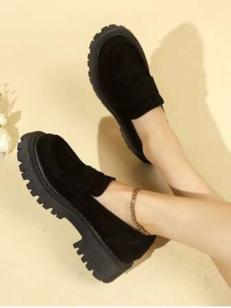 Women's Slip-On Loafers, Casual Round Toe Thick Sole Shoes, Fashion College Style