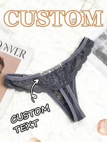 1Piece Women's Customizable Black Lace Underwear With Personalized Text Function, Sexy Style Thong For Intimate Occasions/Anniversaries - Grey - View 1