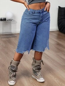 女士中腰纯色浅蓝色无弹力牛仔百慕大短裤，做旧细节设计 - 优雅性感，居家休闲之选 - 中等水洗藍 - 查看 4