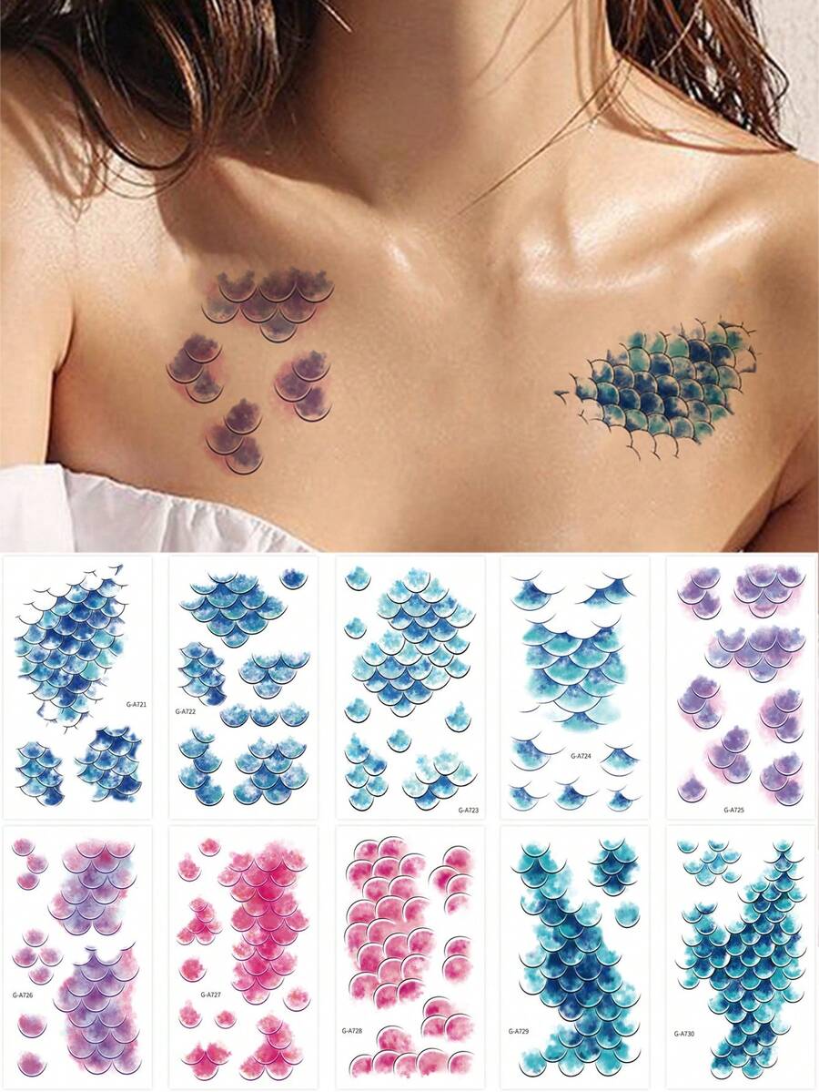 10pcs/Pack Waterproof Temporary Tattoos For Women, Realistic Mermaid Fish Scale Tattoo Sticker Performance Fake Tattoo Body Art - Multicolor - View 1