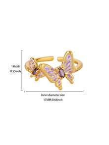 1枚珐琅紫色锆石蝴蝶戒指，男女通用，开口可调节，金色，时尚Y2K风格珠宝配饰，派对礼物 - 1 - 查看 6