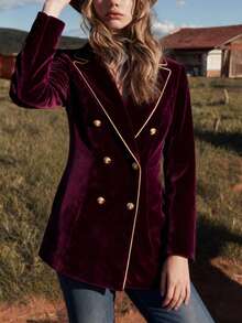 Women's Retro Elegant Design Striped Gold Trim Metal Button Jacket - Burgundy - View 4