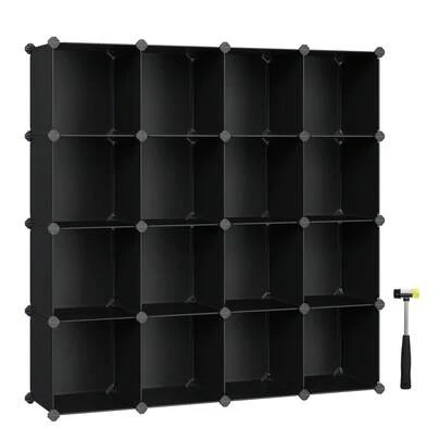  SONGMICS Armario Modular, Armario 16 Cubos, Zapatero Modular, Cubos Apilables, Estante de Plástico PP, Divisor Armario, para Dormitorio, Oficina, Negro