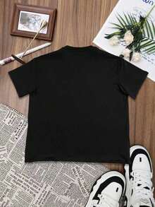 Camiseta impresa con estatua de yeso gris de moda masculina, blusa con patrón estructural de diseño de letras sueltas, tela transpirable, ropa cómoda para salir de la calle todos los días en verano - Negro - Ver 2
