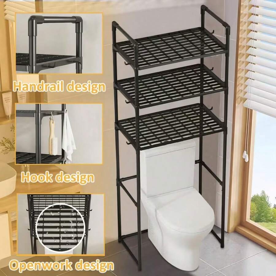 1pc Upgraded Grid Design Over Toilet Storage Shelves, Floor Standing Bathroom Toilet Shelf, Bathroom Organizers And Storage,Edge Strap Hook, Bathroom Accessories, Washing Machine Rack, Balcony Organizer Storage Rack - 黑色升級版 - 查看 1