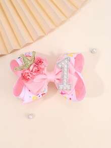 1 chiếc kẹp tóc nơ nhiều màu sắc, số 1-5 đính ngọc trai giả và vương miện hoa, phù hợp cho trẻ nhỏ, phụ kiện tóc dễ thương, quà tặng sinh nhật cho trẻ em. - Hồng - Xem 15