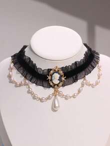 1pc Vintage Elegant Fashion Minimalist Unique Black & White Lace Pearl Tassel Lady Portrait Choker Necklace, Suitable For Daily Commute, Festivals, Parties, Women Jewelry