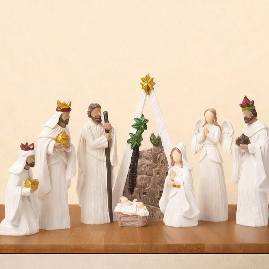 Nativity Scene Resin Figurine Collection - Intricate Religious Christmas Decoration Set With Biblical Characters For Home Display And Gifting - Apricot - View 1