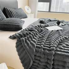 1pc Large Striped Blanket, Wide Striped Cutout Faux Rabbit Fur, Milk Plush, Flannel Throw Blanket, Office Nap Blanket, Leisure Blanket, Sofa Blanket, Halloween Faux Fur Blanket, Faux Fleece Blanket - Dark Grey - View 12