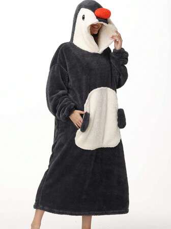Manta con capucha con diseño de pingüino lindo de manga larga, bata de estar por casa con capucha para mujer en invierno, bata de disfraz de fiesta con tema animal y gruesa