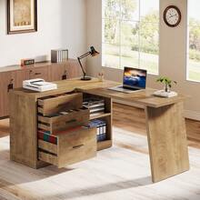 LITTLE TREE 55-Inch L Shaped Computer Desk With 3 Drawers, Corner Home Office Desk With Storage Shelves, Farmhouse Wood Executive Desk For Work Writing Sturdy, Gaming, Brown - 棕色 - 查看 4
