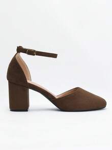 Giày sandal mũi tròn hở mũi mùa hè cho nữ, giày cao gót da lộn thoải mái, đa năng cho mùa xuân/thu - Cà phê nâu - Xem 4
