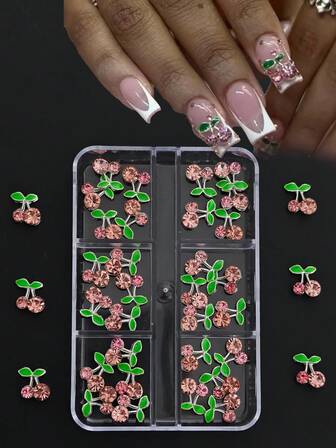 6 Grids/Box 30Pcs 3D Nail Art Rhinestones, Zinc Alloy Cherry Design Nail Art Decorations, Nail Gems Supplies Nails Nail Charms