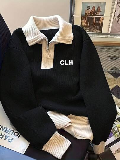 Cárdigan de punto con cremallera y manga larga, suéter de punto versátil