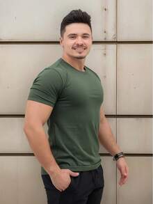 Men's Basic Plain T-Shirt, Premium 30.1 Cotton - Màu xanh Ô liu - Xem 1