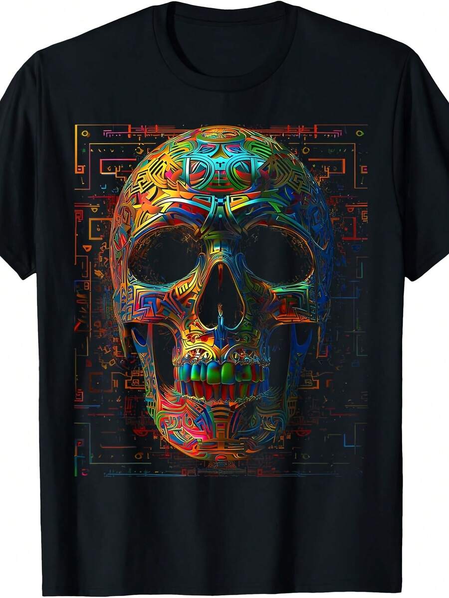 Skull Colorful Mandala Geometric Colorful Art Motif Skull T-Shirt,Suitable As A Christmas Gift For Autumn And Winter - Style 3 - View 1