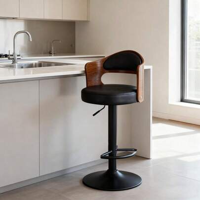 1x Bar Stool Kitchen Swivel Chair Wooden Leather Gas Lift Black Breakfast Chair